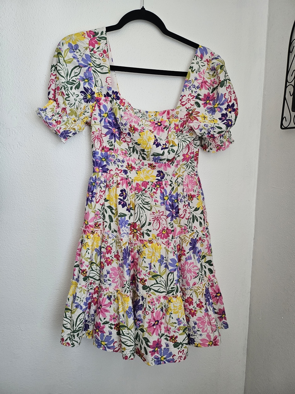 Floral Tiered Mini Dress - White, Pink, Yellow & Purple Boho Summer Spring Sz S